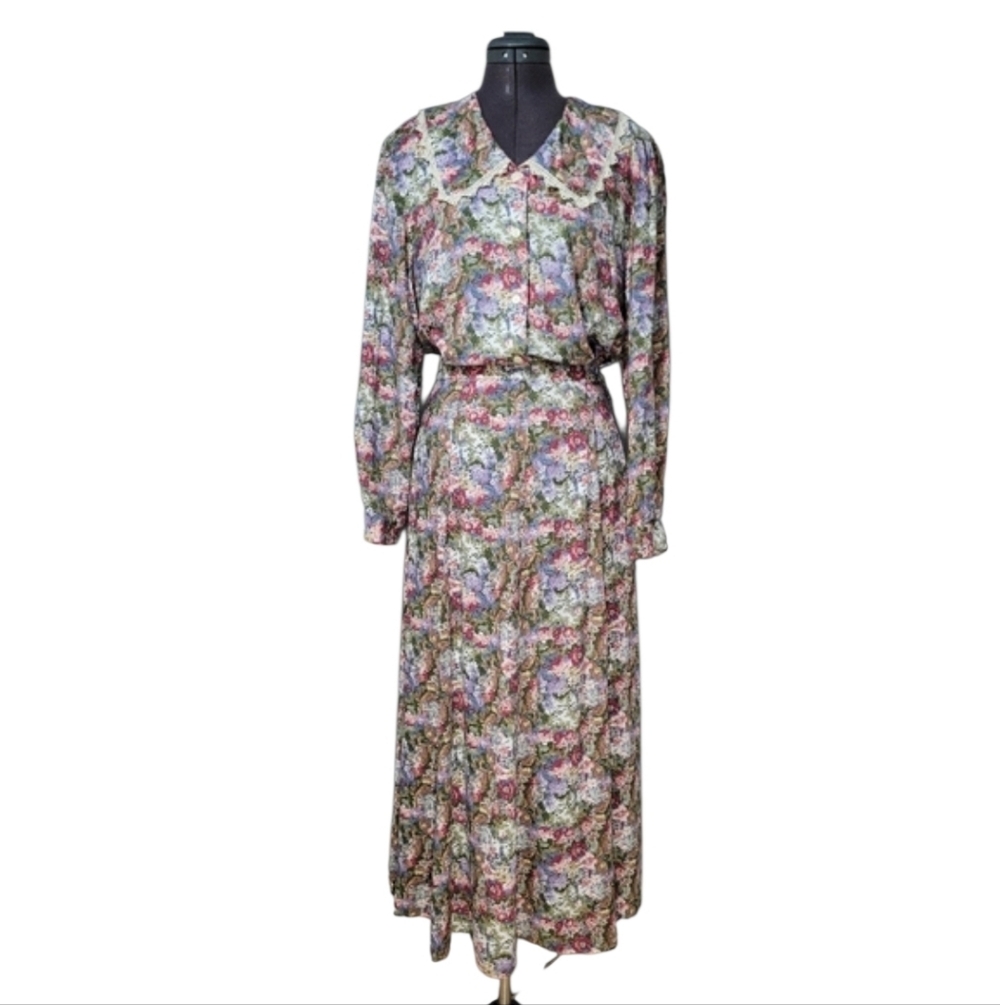 Vintage Floral Skirt Set Lace Collar Rayon Cottagecore Romantic